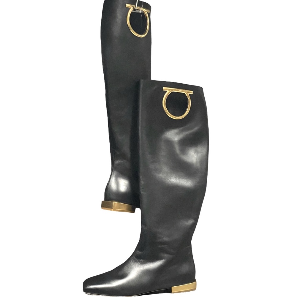 SALVATORE FERRAGAMO - Avivo Knee High Black Leather Gancini Boot